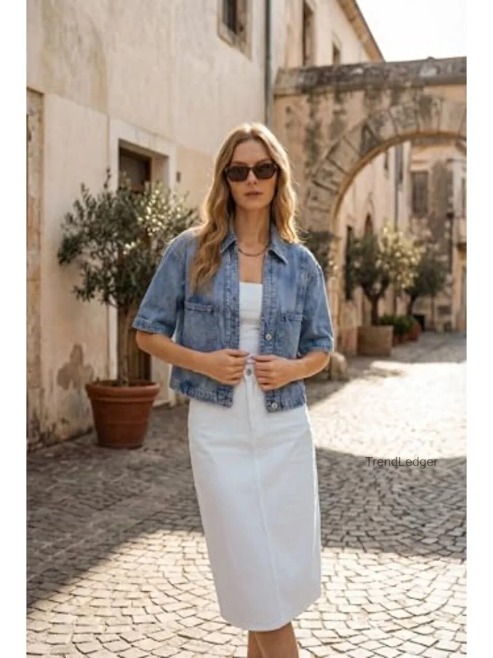 Cropped Short Sleeve Denim Jacket with Button Closure and Utility Pockets